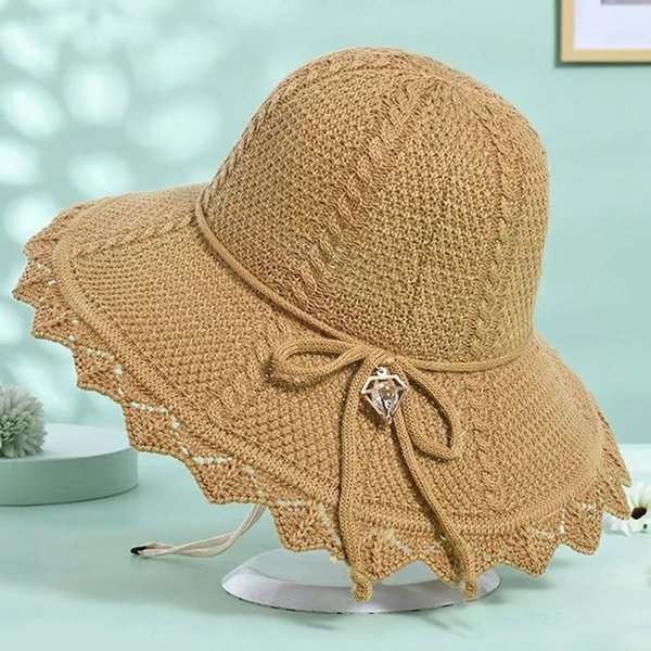 Sombrero De Verano Plegable Para Mujer Playa Exterior Sombrero De Paja Ala Ancha Parasol Lazo Sombrero De Sol Caqui-image