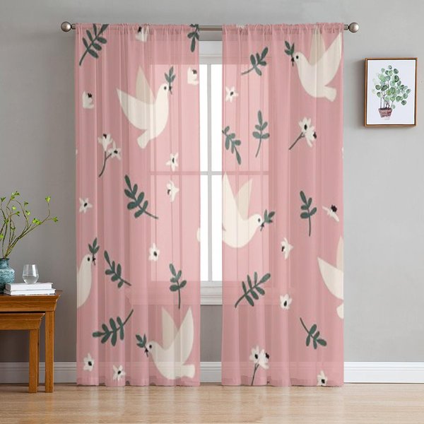 Palomas Flores Hojas Tul Cortinas TraslúCidas Para Ventana Para Sala De Estar El Dormitorio Modernas Cortinas De ChifóN Voile Organza DecoracióN Visillos 135W X 114H(Cm) Gray-image