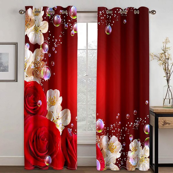 Cortinas De Rosas 3D Rojo Oro Azul Floral DecoracióN RomáNtica Lujo Sala De Estar Dormitorio Cocina BalcóN 2 Paneles 50W160H(Cm)X2Pcs&Hook-image