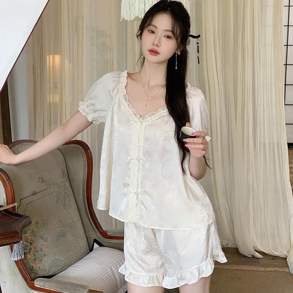 Pijama De Estilo ÉTnico Simple Para Mujer Verano Nuevo Seda De Hielo Manga Corta Pantalones Cortos Traje De Dos Piezas Ropa Para El Hogar Mujer XL-image