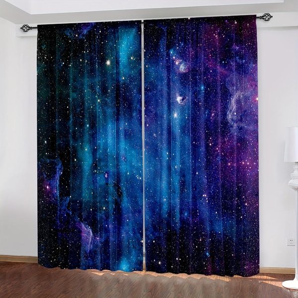 2 Szt. ZasłOny Galaxy Shining Stars, ZasłOny Z Nadrukiem Gwiazd I GwieźDzistego Nieba Z Kieszenią Na Karnisz, ZasłOny Okienne Do Salonu, Kuchni W65X60H(Cm)X2Pcs&Hook-image
