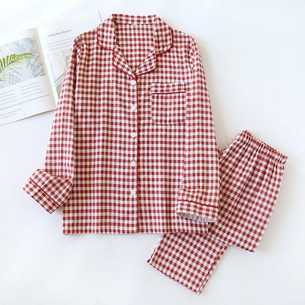 Conjunto De Pijamas Para Pareja De Primavera Y Verano 100% AlgodóN Gasa De Doble Capa Para Hombre Y Mujer Traje De Cuadros Japoneses Manga Larga M Gray-image
