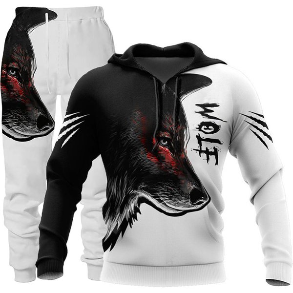 Wilk 3D Bluza Z Kapturem Z Nadrukiem Odzież Garnitur Spodnie Garnitur MęSki Wiosenny I Jesienny LuźNa Bluza Pulower Dres MęSki Zestaw Moda MęSka Xxxl Black-image