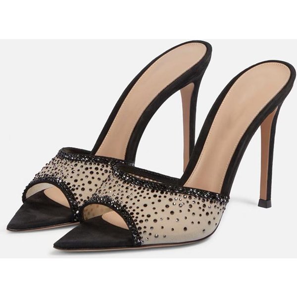 Liyke Moda De Verano Cristal PedreríA Malla Zapatillas De Mujer Fiesta Banquete Mules Zapatos Sexy Puntera Afilada Tacones Altos Finos Diapositivas 37 Beige-image