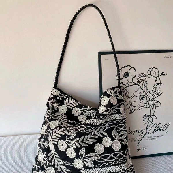 Torba Na Ramię Pod Pachę W Stylu ChińSkim Francuska Retro Torba Z Haftowanej Tkaniny Mini Torebka Torebka Shopper Black-image