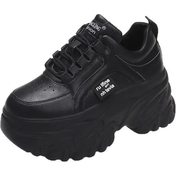 Zapatillas Gruesas Blancas Negras De Moda Mujer Primavera OtoñO Zapatos Suela Gruesa Moda De Mujer PU Cuero Zapatillas Plataforma SeñOras Con Cordones 35 Negro-image
