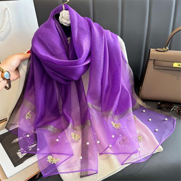 Bufanda De Seda Y Lana Bordada Floral Lujo Hijab Para Mujer Foulard Femenino Pashmina Estolas Largas De Playa Chal Envoltorio Bufandas PañUelo 70X200CM Purple-image