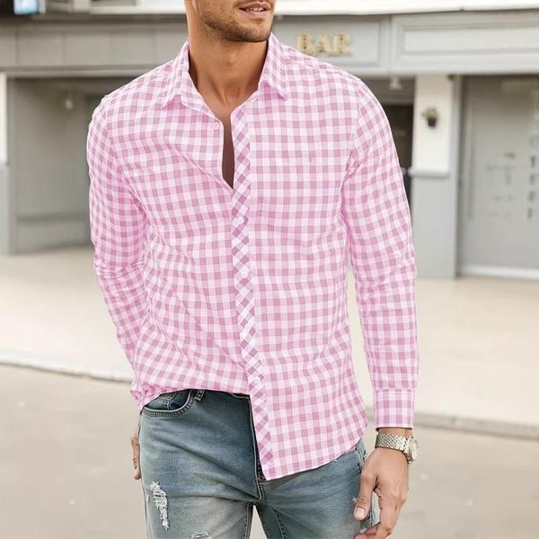 Camisa Informal Transpirable De Manga Larga A Cuadros Para Hombre Con Cuello Solapa E ImpresióN 3D XL Color Rosa-image