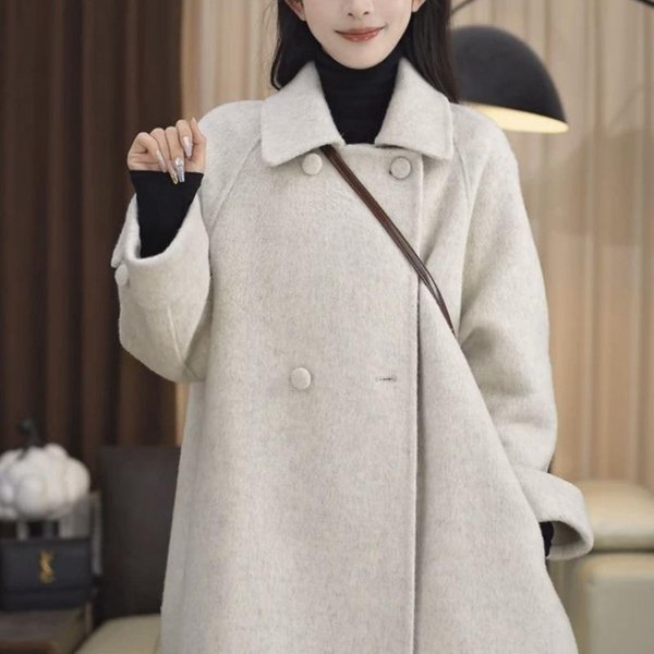 Abrigo De Lana De Oveja De Longitud Media Estilo Coreano PequeñO Holgado OtoñO E Invierno Abrigo Largo De Lana Para Mujer M White-image