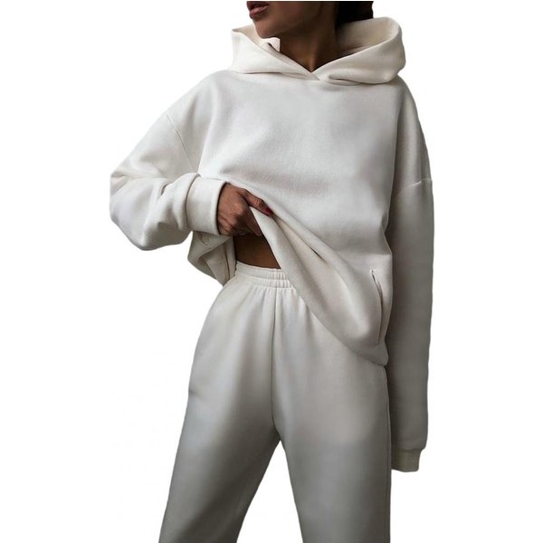 Damski Dres Zimowy Jesienny Komplet Bluza Z Kapturem Spodnie Kolekcja Jednolity LuźNy KróJ MięKki Codzienny CiepłY Elastyczna Talia Kieszenie Gruba Bluza Do Biegania Tro Xxxl BiałY-image