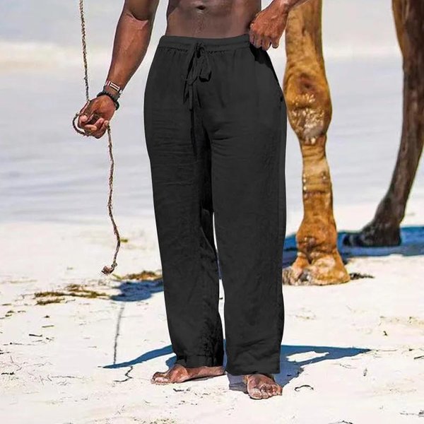 Pantalones De Lino De AlgodóN Para Hombre Pantalones Rectos Sueltos Casuales Pantalones De Playa Ligeros Con CordóN L Negro-image