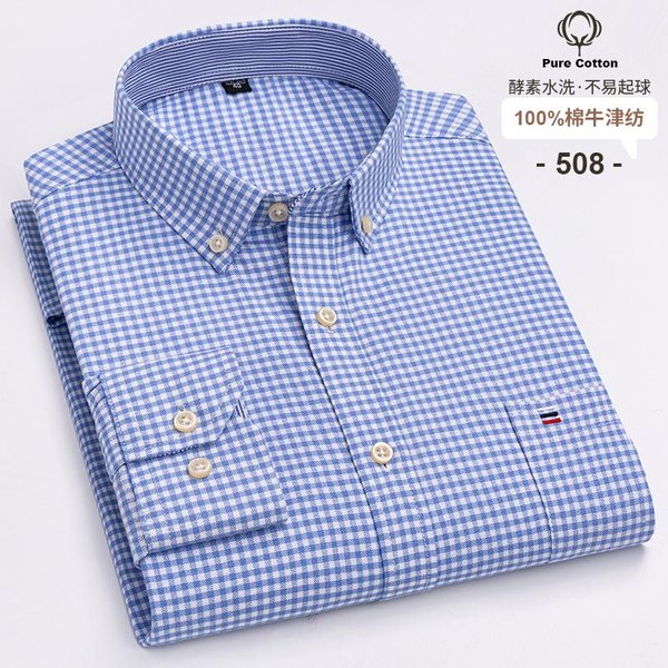 Camisas De Hombre Oxford 100% AlgodóN Manga Larga Cuadros Suave Corte Regular Formal Vestir Camisa Bolsillo Blusa Social Ropa Masculina S-7XL XL-image