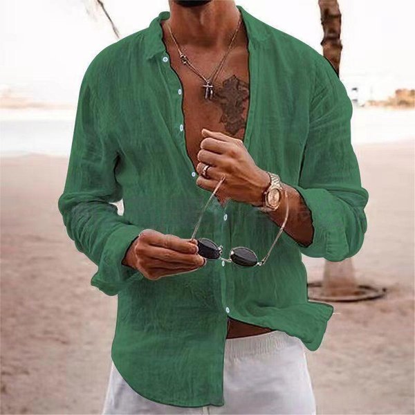 Nueva Camisa De Manga Larga Para Hombre De Mezcla De AlgodóN Y Lino Camisa De Color Liso Con Solapa Estilo Casual Xxxl Verde Oscuro-image