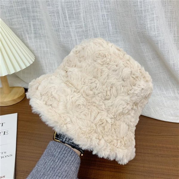 Sombrero De Pescador De Felpa JaponéS Para Mujer Para OtoñO E Invierno CáLido De Ala Ancha VersáTil Temperamento Dulce Dama Color Moderno Sombrero De Lavabo M(56-58Cm) White-image