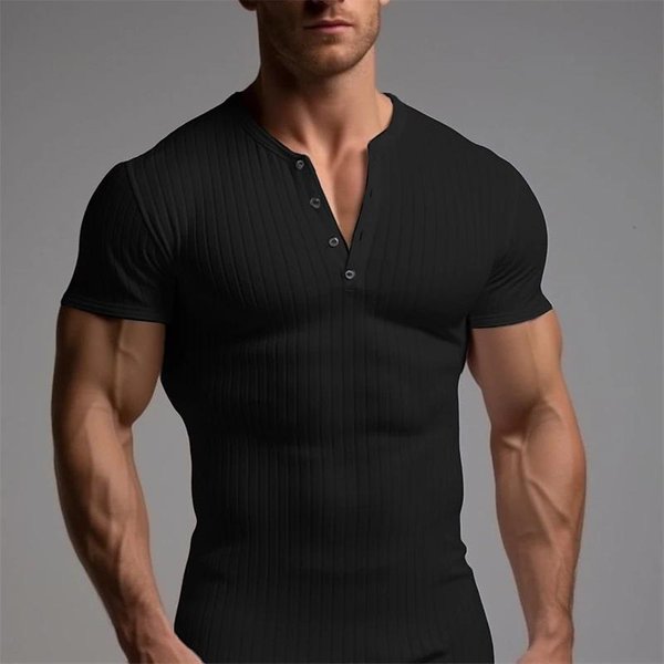 Camiseta De Manga Corta Ajustada Para Hombre Con Cuello Henley De Punto Acanalado S Negro-image