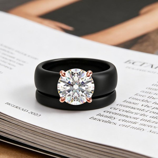 Anillo De Circonita CúBica Corte Redondo Brillante Con Banda De Silicona Negra De 2 Capas, Anillo Moderno Grueso Chapado En Oro Rosa Apilable, Nupcial 6-image