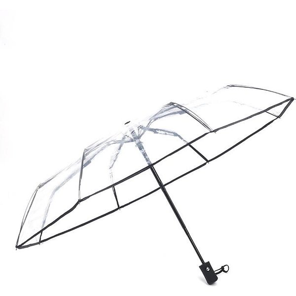 Przezroczysty Automatycznie SkłAdany Parasol 8-żEbrowy, MałY, śWieżY, 3-SkłAdany, Przezroczysty Parasol Przeciwdeszczowy Dla Kobiet White-image