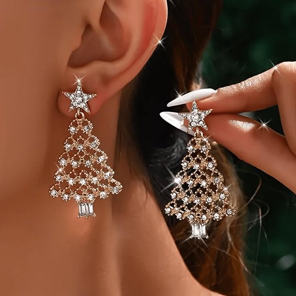 1 Par De Pendientes De ÁRbol De Navidad Para Mujer, JoyeríA De Fiesta En Tono Dorado Con Piedras SintéTicas Brillantes, DiseñO De ÁRbol ÚNico Para Celebraciones NavideñAs One-Size Oro-image