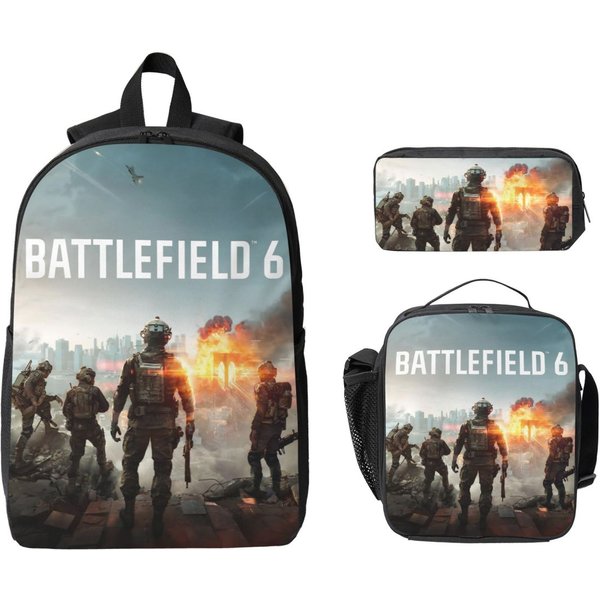 Zestaw 3 Szt. PlecakóW Z Zabawnymi Grami Battlefield 6 Dla Dzieci, PióRniki, Zestawy PlecakóW Z Pojemnikiem Na Lunch Dla UcznióW, Plecak Gray-image
