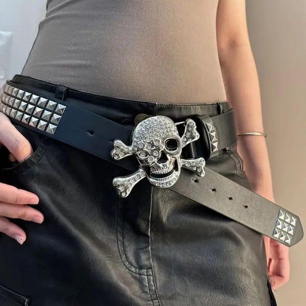 CinturóN Hebilla Calavera GóTica Con PedreríA - Elegante Subcultura Punk Remache Hip-Hop Rock Accesorios Cinturones Casual Diario, Para Hombres Mujeres 105Cm Negro-image