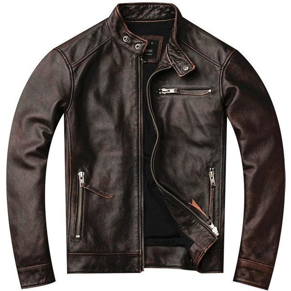 Chaqueta De Cuero Genuino Para Hombres, Primera Capa De Piel De Vaca, Chaqueta De Cuero De Motocicleta Con Cuello Alto Desgastado Retro, Chaqueta De Moda 4XL Black-image