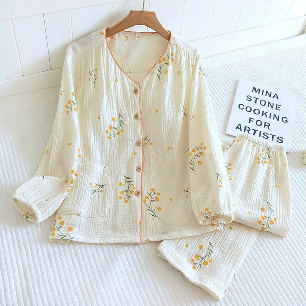 Nuevo Conjunto De Pijama De AlgodóN Crepé Para Mujer Primavera/Verano Mangas Largas Pantalones Conjunto De Dos Piezas Para Dama Con Almohadilla En El Pecho Ropa De Casa XL White-image