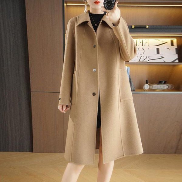100% WełNiany Damski PłAszcz Jesienny DłUgi PłAszcz Z WełNy RęCznie Robiony PłAszcz Typu Peacoat Zimowy CiepłY DłUgi PłAszcz Z WełNy 3XL Khaki-image