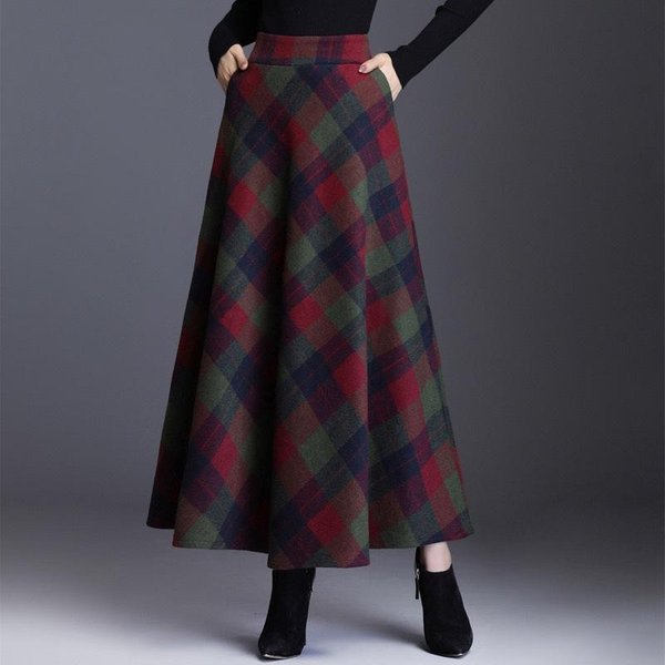 Falda Larga Para Mujer OtoñO Falda De Lana Media Falda LíNea A Falda De Vuelo Grande Falda Larga De Cuadros Vintage L Verde-image