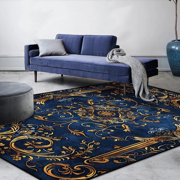 DecoracióN De Lujo Moderno Hogar Alfombra Azul Borde Dorado Antideslizante Alfombras Para Sala De Estar Suave Lavable Felpudo Para Mesa De Sofá DecoracióN Para Dormitorio 180*280Cm-image