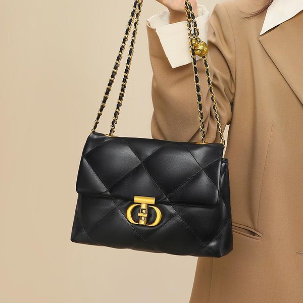 Nuevo Bolso De Mujer De OtoñO E Invierno, Bolso De Alta Gama Con Cadena De Diamantes Y Bandolera De Piel AutéNtica.-image