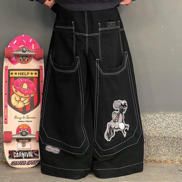 Unisex Y2K Oversized Czarne Damskie Jeansy Vintage Szerokie Nogawki Haftowane Spodnie Jeansowe Grunge Hip Hop Styl Streetwear LuźNe Jeansy Xxl-image