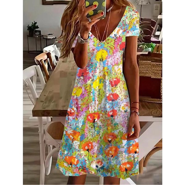 Damska Letnia Sukienka Z KróTkim RęKawem I Dekoltem W Serek, Swobodna, 3D, W Kwiaty W Stylu Vintage, Elegancka, Do Kolan, S-3XL, Damska Vestidos 7XL Black-image