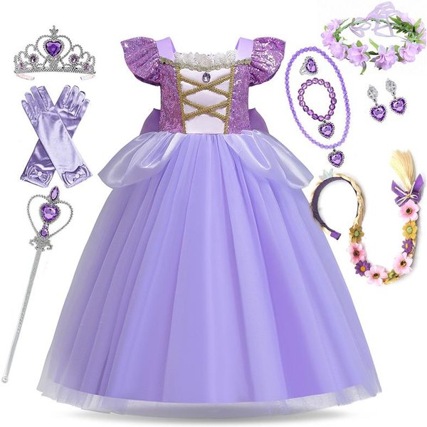 Vestido De NiñA Rapunzel NiñOs Enredados Disfraz Carnaval Infantil Princesa Disfraz Fiesta De CumpleañOs Vestido Atuendo Ropa Vestidos 110(3T)-image