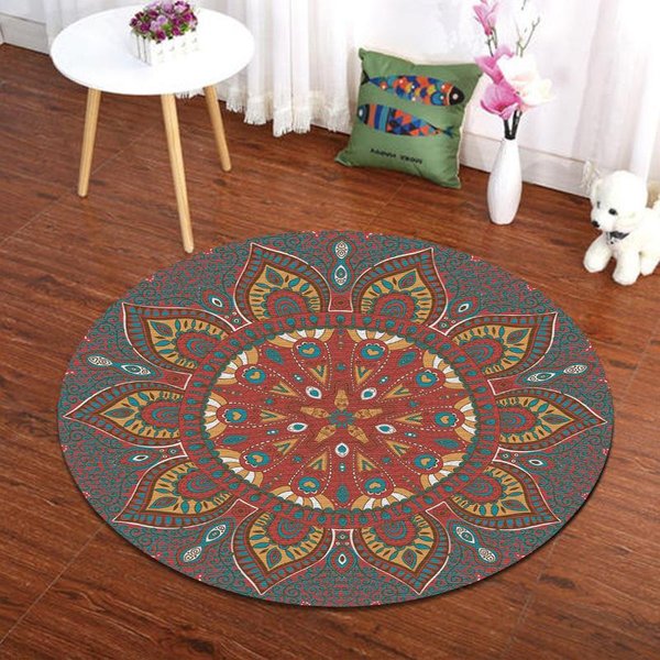 OkrąGłY Dywan W Stylu Etnicznym Dywan Z Nadrukiem Mandali W Stylu BośNiackim Dekoracja Salonu Sypialni Mata AntypośLizgowa Dekoracja Domu 80X80Cm-image