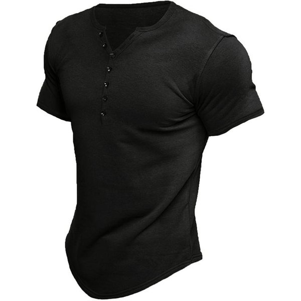 Letnie MęSkie Koszulki Z KróTkim RęKawem MęSkie Koszulki Z Guzikami W KształCie Litery V T-Shirt MęSki Solidny Top L Czarny-image