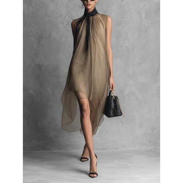 Vestido Midi De Malla Transparente Con Cuello Halter, Lazo Lateral Y Abertura Lateral Para Mujer XXL-image