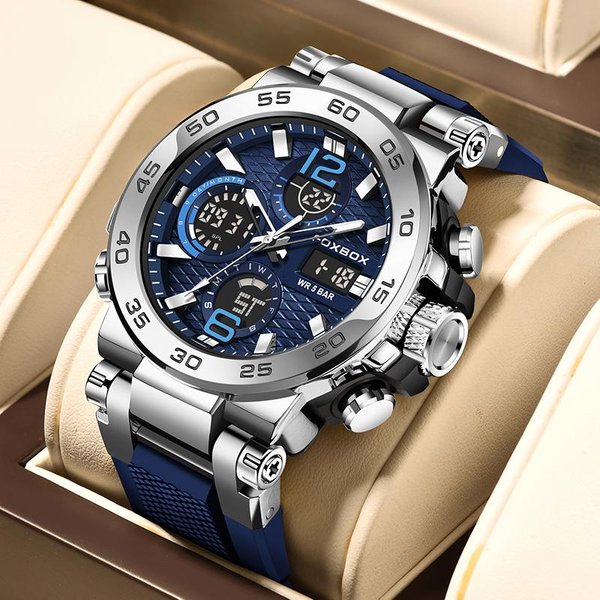 Lige Nuevo Reloj De Moda Para Hombre 50M Reloj De Cuarzo Deportivo Luminoso Resistente Al Agua Reloj De Pulsera Con SincronizacióN De Fecha AutomáTica Plata/Azul-image