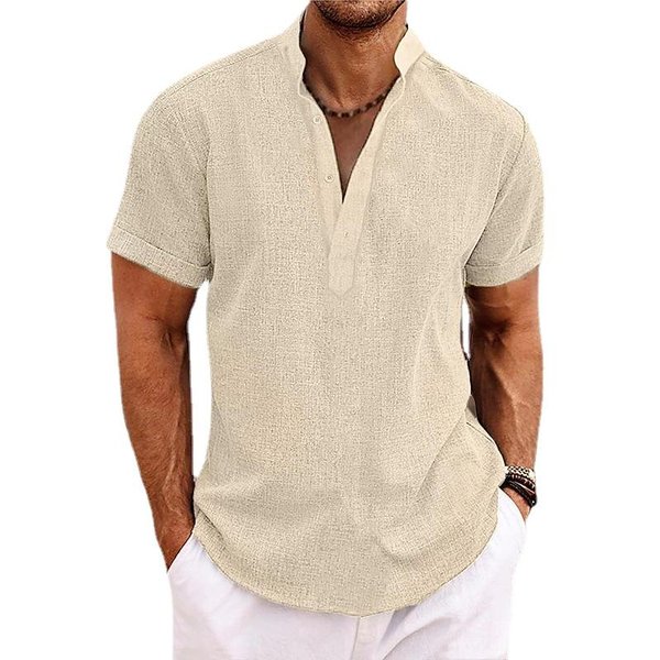 Camisas De Lino Para Hombre, De Manga Corta, Con Botones Y Cuello Alto, Informales, Para Verano, Para El Hogar, Para Uso Diario S Albaricoque-image