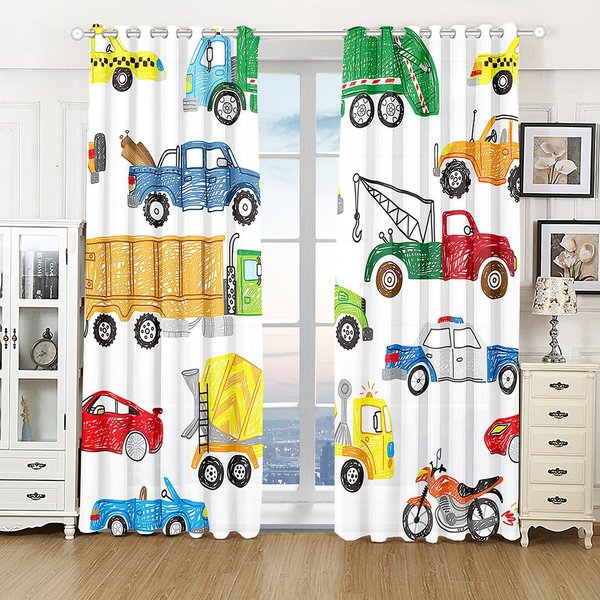 2 Szt. Urocze KreskóWkowe Samochody CiężArowe Koparki ZasłOny Na Okna Do Pokoju DziecięCego Rolety Dekoracja Domu Cortinas (W50H130Cm)-2Pcs&Hook-image