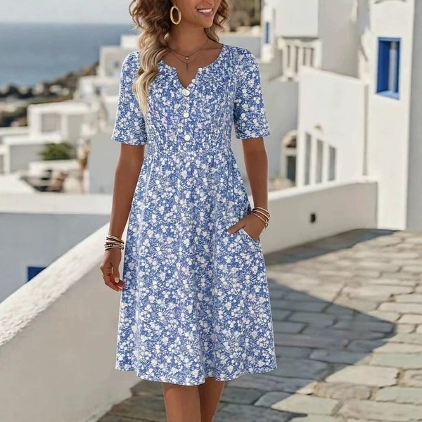 Vestido Midi Floral Para Mujer Con Cuello En V Y Manga Corta S-image