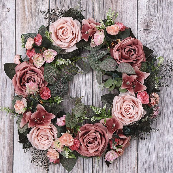 Corona De Flores De Rosa Artificial De 17.7 Pulgadas Corona Floral De Primavera Verano Para Puerta Principal Pared Ventana Fiesta Boda DecoracióN Type 1 Gray-image