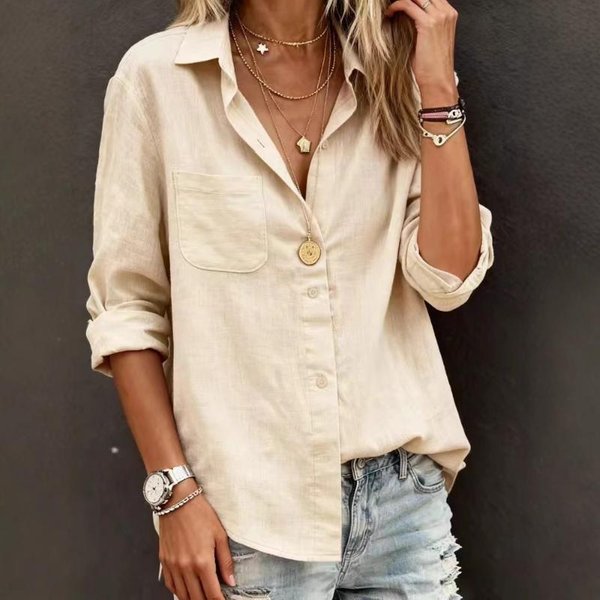 Camisa De Lino Para Mujer De Botones Casual Holgada Con Solapas Y Bolsillo En El Pecho S Beige-image
