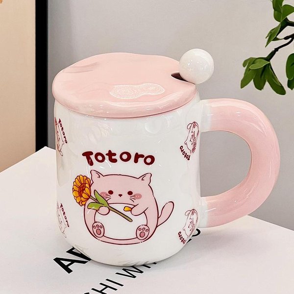 Taza De CeráMica MáGica Linda Divertida De Dibujos Animados Con Tapa De Alto Valor Gran Capacidad Taza Para Pareja De Oficina Traje Para El Hogar 350ML-image