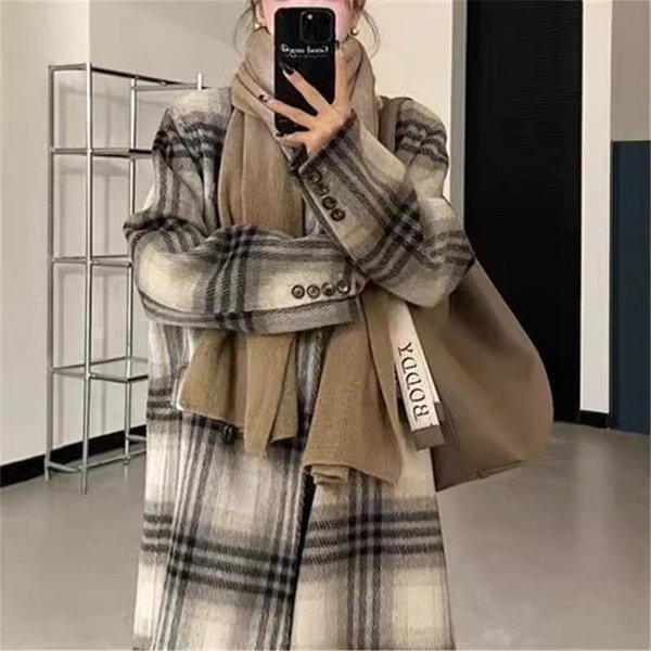 OtoñO E Invierno Nuevo Abrigo De Lana De Doble Cara A Cuadros Coreano De Gama Alta De Pelo Largo M Gray-image