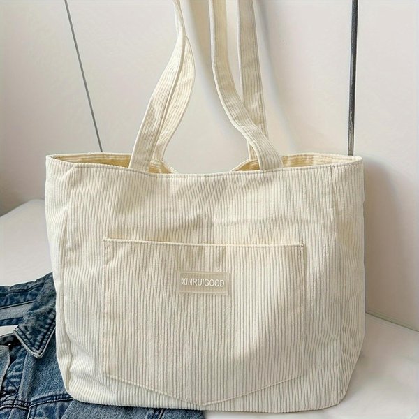 Jednokolorowa Torba Shopper, Modna Torba Na Ramię, Uniwersalna Sztruksowa Torebka, Klasyczna Portmonetka Damska-image