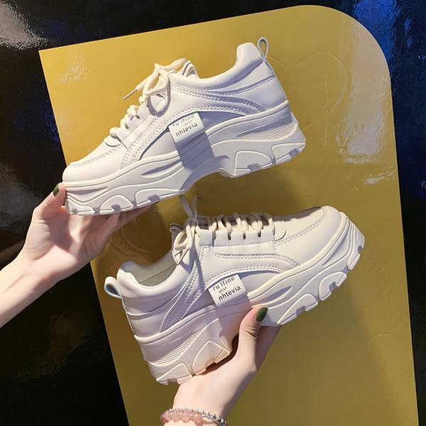 Nuevos Zapatos De Papá De Primavera VersióN Coreana Para Estudiantes VersáTiles Zapatos Deportivos Para Mujer Casuales De Suela Gruesa Para Aumentar La Altura 40 White-image