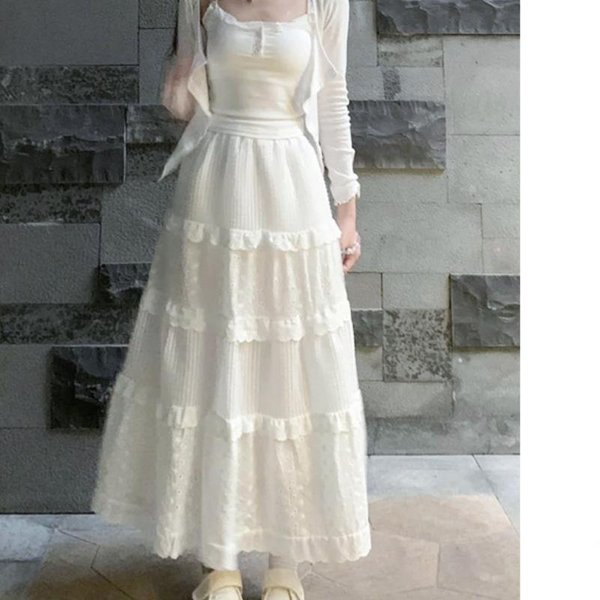Falda Blanca De Pastel Para Mujer Primavera Y OtoñO Nueva Cintura Alta LíNea A Estilo Ballet PequeñA Verano Encaje Falda Larga L White-image