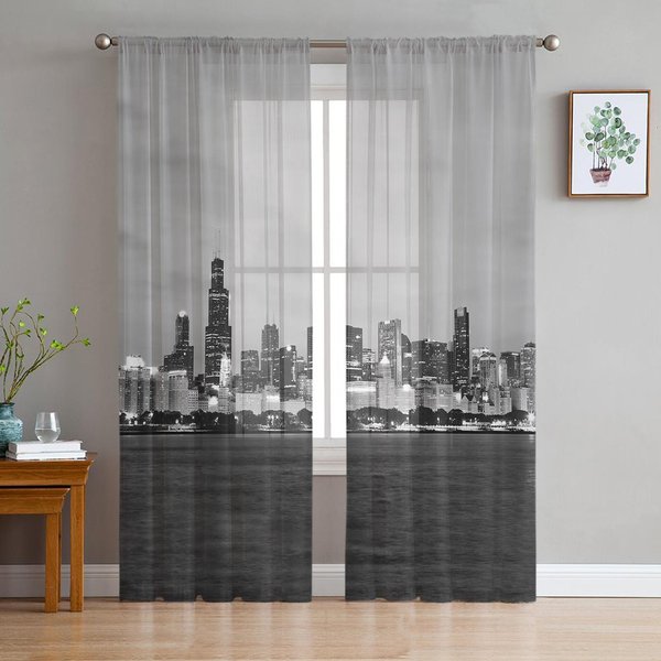 Cortinas Voile Transparentes Grises De Nueva York Tratamiento De Ventana Para Cocina Sala De Estar DecoracióN De Dormitorio Cortinas De Tul Modernas 1 PCS W100Xh250Cm&Rod Pocket-image