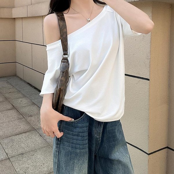 Camiseta Blanca De Manga Corta Con Hombro Descubierto Para Mujer En Verano Nueva Holgada Ajustada Camiseta BáSica Top De Un Solo Hombro M Blanco-image
