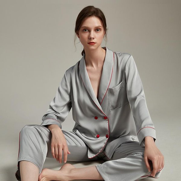 Conjunto De Pijama De Pantalones Largos, Pijama De Primavera Y OtoñO Para Mujer, Conjunto De Pijama De SatéN Holgado Para Mujer, Ropa Para El Hogar, Ropa Para El Hogar M Gray-image